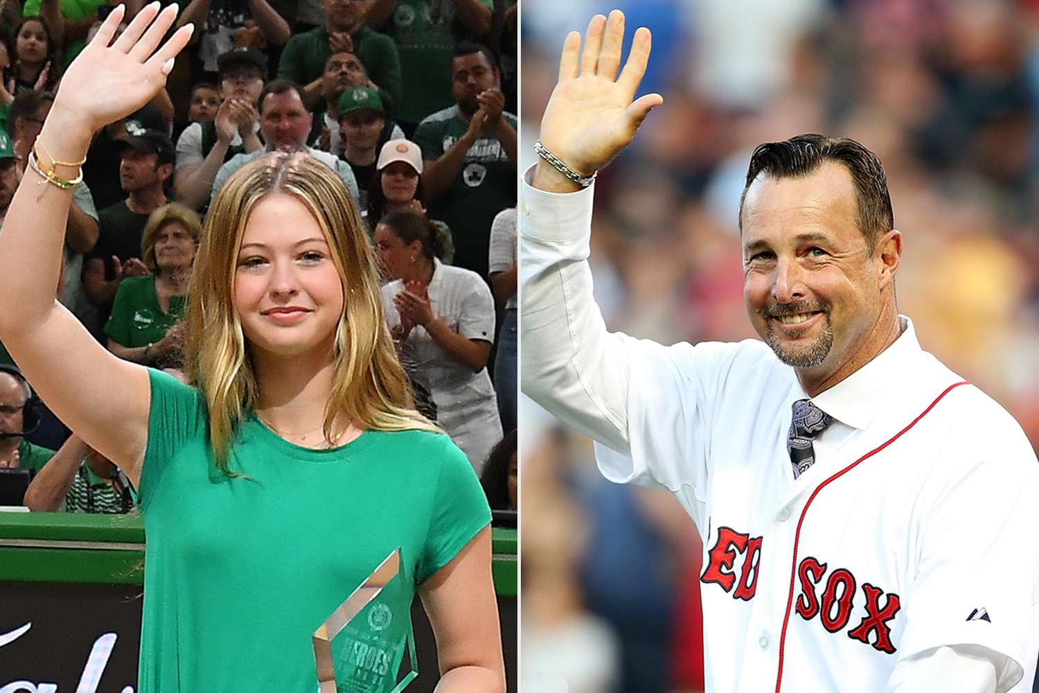 Brianna Wakefield receives the Hero Among Us award in honor of Tim Wakefield during the game between the Dallas Mavericks and the Boston Celtics ; Former Boston Red Sox player Tim Wakefield looks on before a game against the New York Yankees 