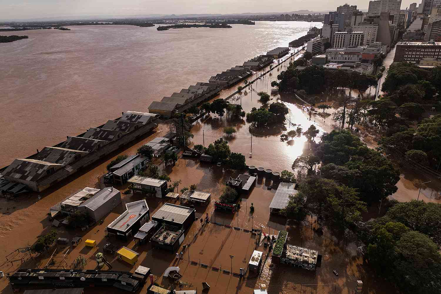 Aerial view of the flooded port area of Porto Alegre, Rio Grande do Sul state, Brazil, taken on May 8, 2024.