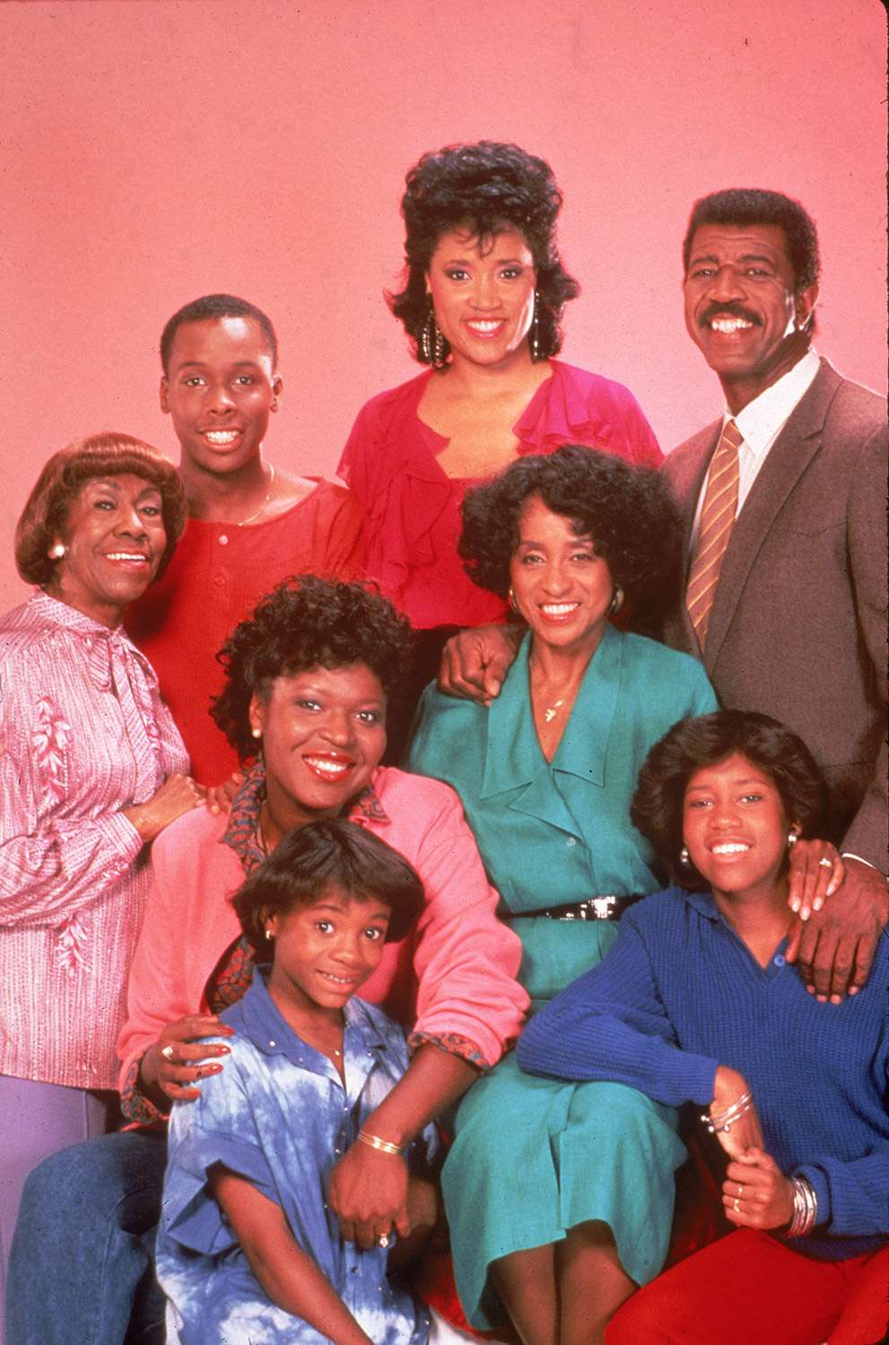 Promotional studio portrait of the cast of the television series '227,' circa 1985. L-R: Actors Helen Martin, Curtis Baldwin, Jackee Harry, Hal Williams. (Seated) Alaina Reed Hall, Marla Gibbs. (Front) Kia Goodwin and Regina King. (Photo by Embassy Pictures/Fotos International/Getty Images)