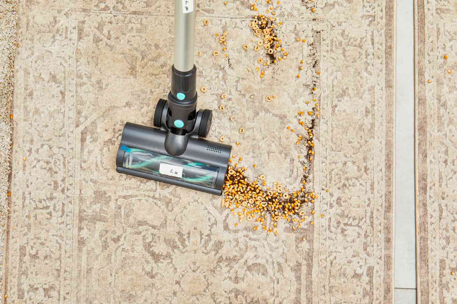 A top view of the Belife V12 Cordless Vacuum Cleaner vacuuming food from a rug.