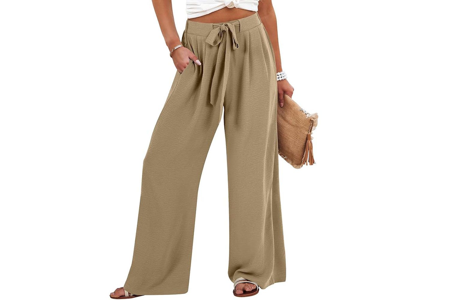 Caracilia Womens Wide Leg Palazzo Pants High Waisted Adjustable Tie