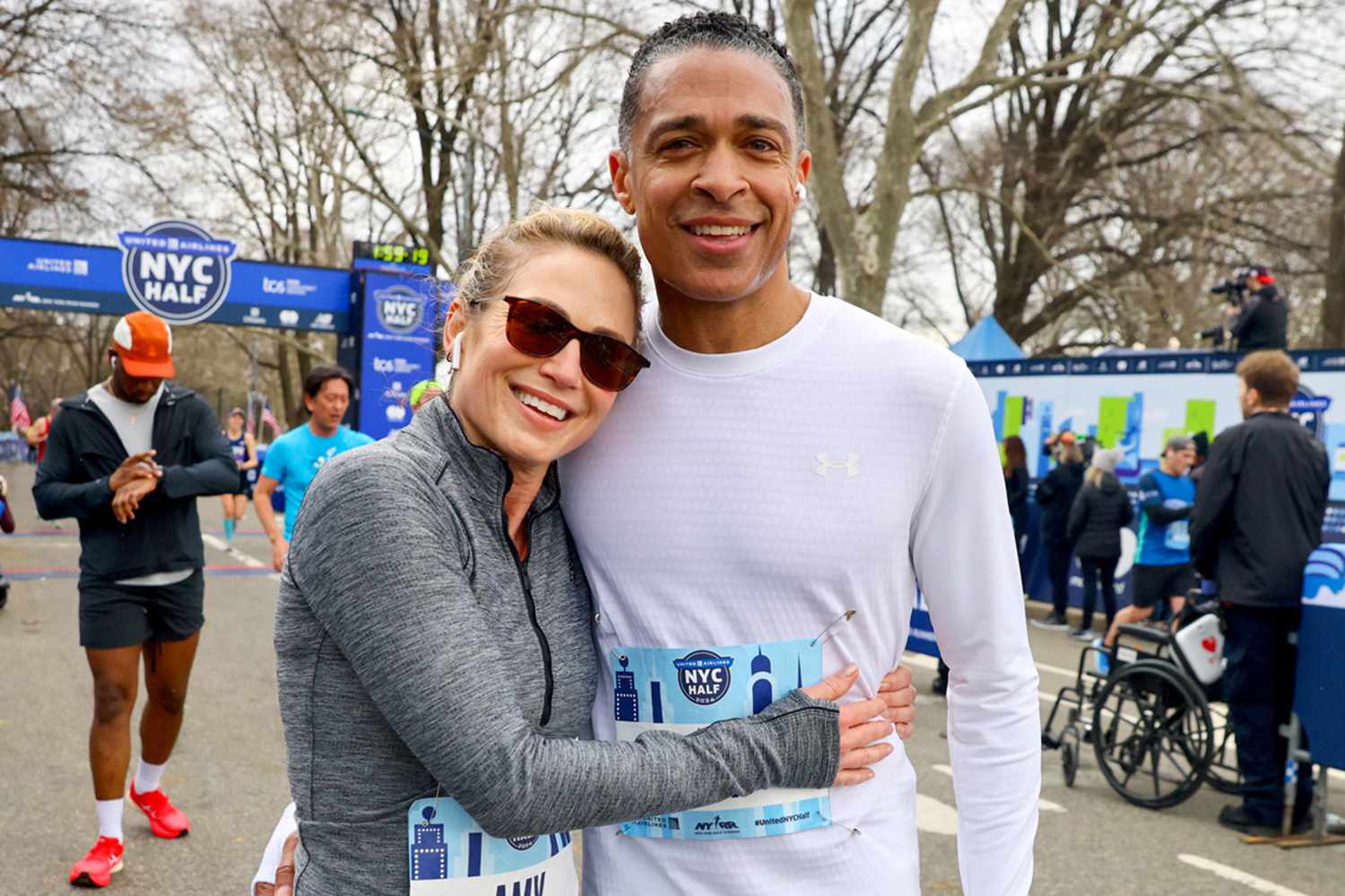 Amy Robach and T. J. Holmes participate in The 2024 United Airlines NYC Half Marathon is held in New York City. The course starts in Brooklyn and ends in Central Park in Manhattan.