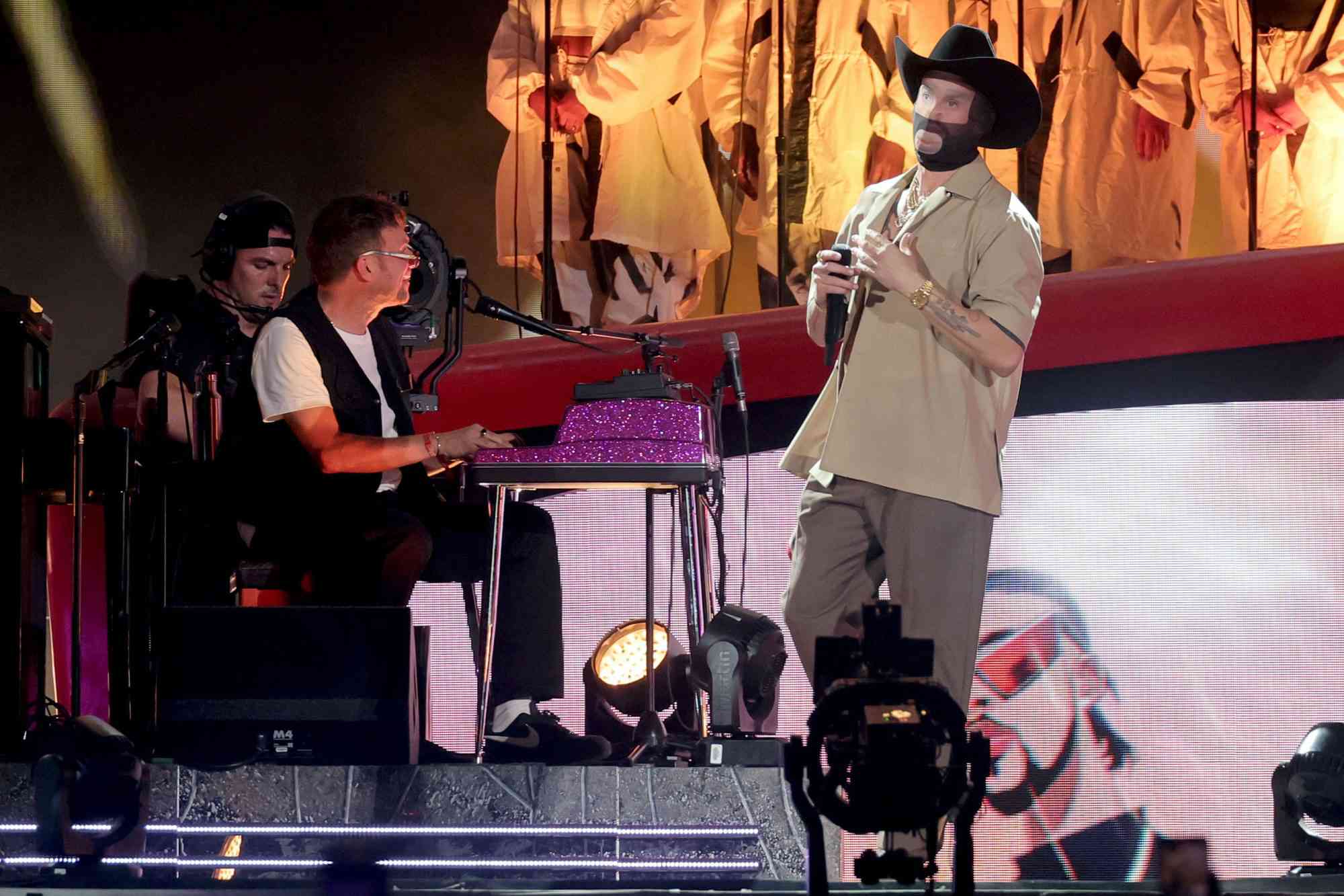 INDIO, CALIFORNIA - APRIL 21: (L-R) Damon Albarn of Gorillaz and Bad Bunny perform on the Coachella Stage during the 2023 Coachella Valley Music and Arts Festival on April 21, 2023 in Indio, California. (Photo by Michael Loccisano/Getty Images for Coachella)