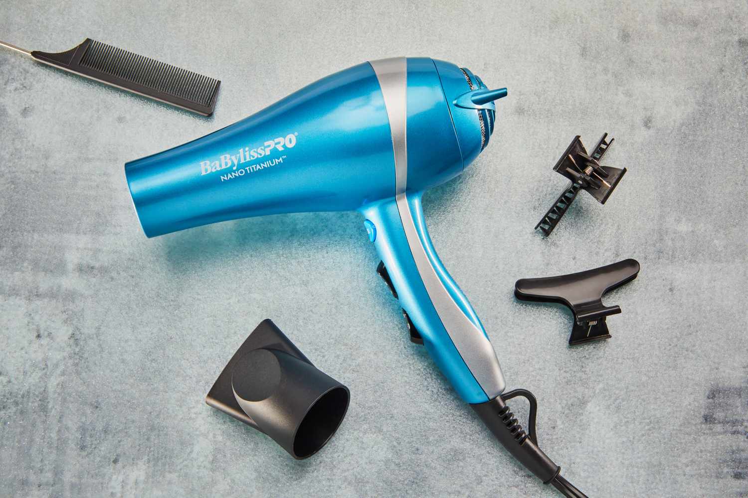 BaBylissPRO Nano Titanium Dryer displayed with its attachments