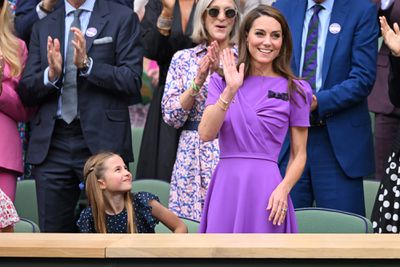 Stefan Edberg, Princess Charlotte of Wales, Marjory Gengler, Catherine, Princess of Wales, Stan Smith, Tom Cruise, Bec Hewitt and Debbie Jevans court-side of Centre Court during the men's final on day fourteen of the Wimbledon Tennis Championships at the All England Lawn Tennis and Croquet Club on July 14, 2024 in London, England.