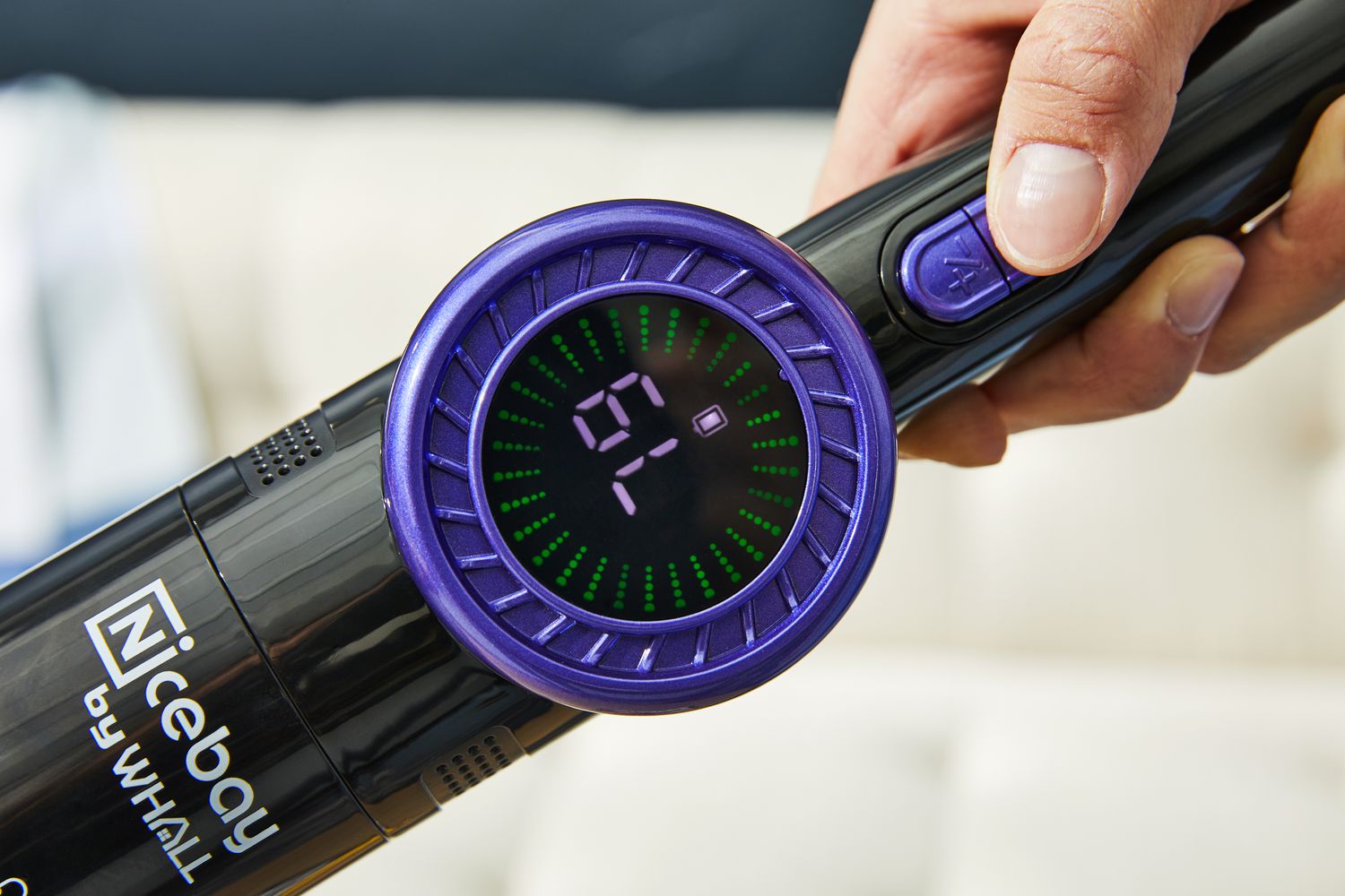 Closeup of the Nicebay Handheld Cordless Vacuum battery display