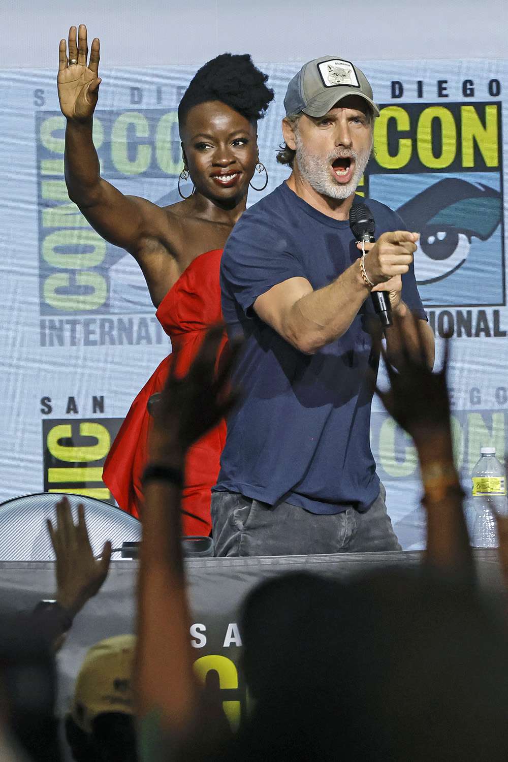 SAN DIEGO, CALIFORNIA - JULY 22: (L-R) Scott M. Gimple, Danai Gurira, and Andrew Lincoln speak onstage at AMC's "The Walking Dead" panel during 2022 Comic-Con International: San Diego at San Diego Convention Center on July 22, 2022 in San Diego, California. (Photo by Kevin Winter/Getty Images)