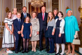 The Royal Family pose for a photo (L-R) Princess Ingrid Alexandra, Crown Princess Mette-Marit, Prince Sverre Magnus, Emma Tallulah Behn, Crown Prince Haakon, Queen Sonja, King Harald, Leah Isadora Behn, Princess Martha Louise, Maud Angelica Behn and Princess Astrid, Mrs Ferner to celebrate the golden wedding anniversary of the King and Queen in Oslo, Norway on August 29, 2018