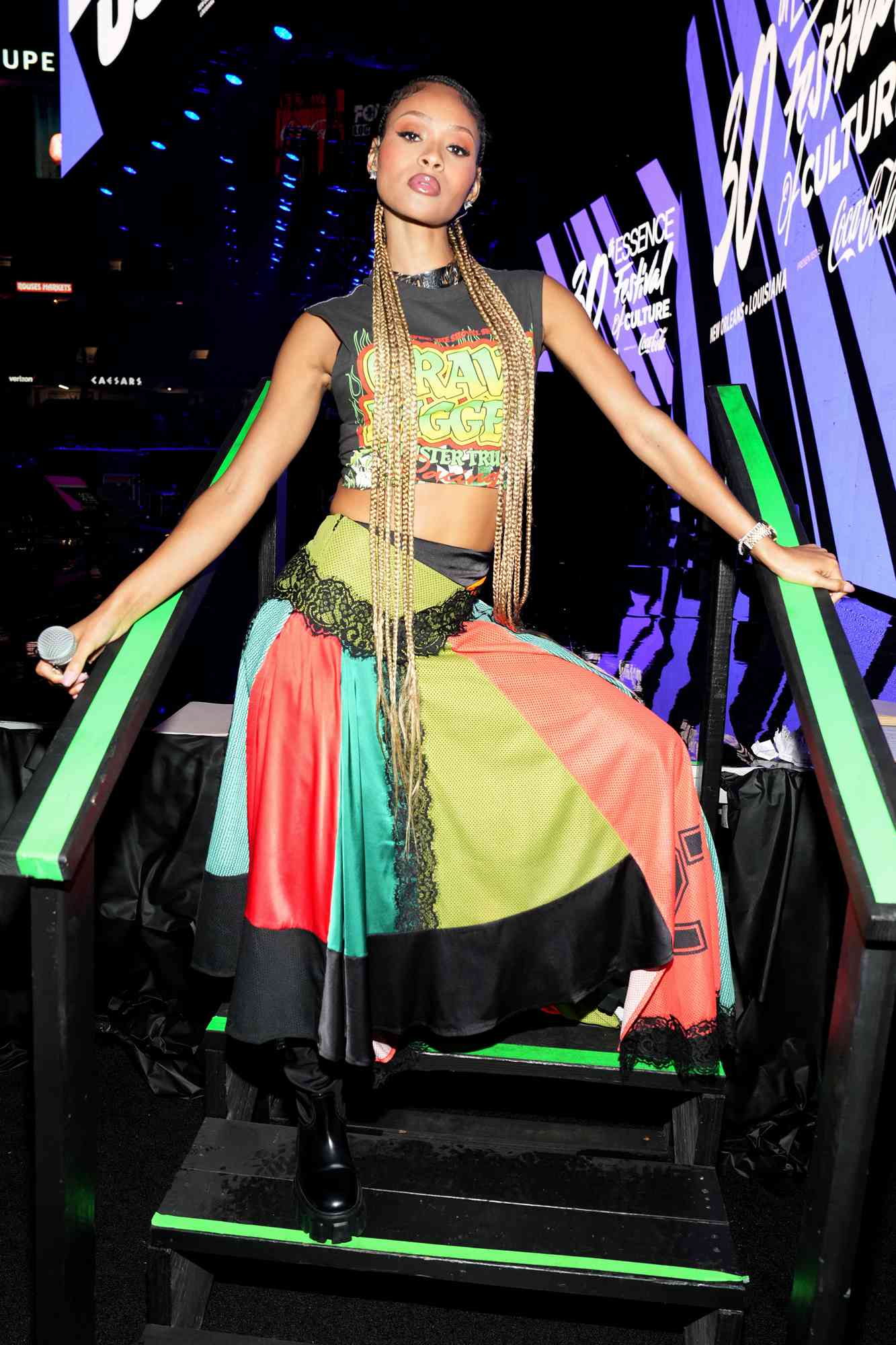  Pretty Vee onstage during Day 1 of the 2024 ESSENCE Festival of Culture presented by Coca-Cola at Caesars Superdome on July 05, 2024 in New Orleans, Louisiana. (