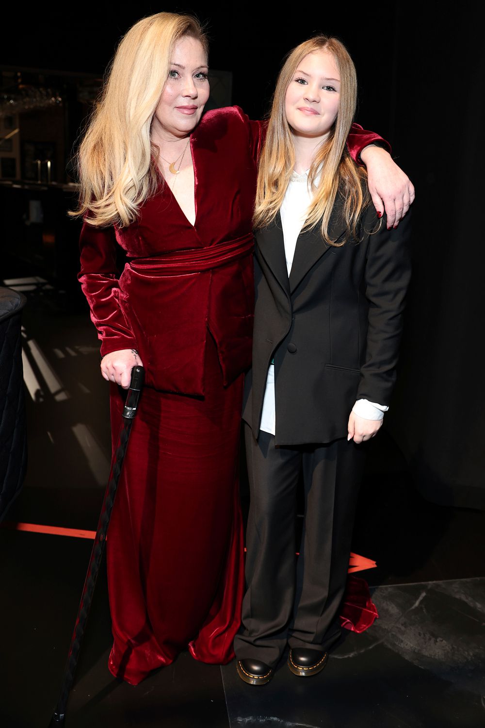 Christina Applegate, left, and Sadie Grace LeNoble backstage at the 75th Emmy Awards on Monday, Jan. 15, 2024 at the Peacock Theater in Los Angeles.