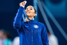 Bronze medalist Jordan Chiles of Team United States celebrates after the Artistic Gymnastics Women's Floor Exercise Final on day ten of the Olympic Games Paris 2024 at the Bercy Arena on August 5, 2024 in Paris, France. 