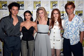 Cole Sprouse, Camila Mendes, Lili Reinhart, Madelaine Petsch, and K.J. Apa attend the "Riverdale" Photo Call during 2019 Comic-Con International at Hilton Bayfront on July 21, 2019 in San Diego, California