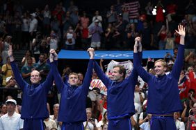 Silver Medalists Luke Hobson, Carson Foster, Drew Kibler and Kieran Smith of Team United States