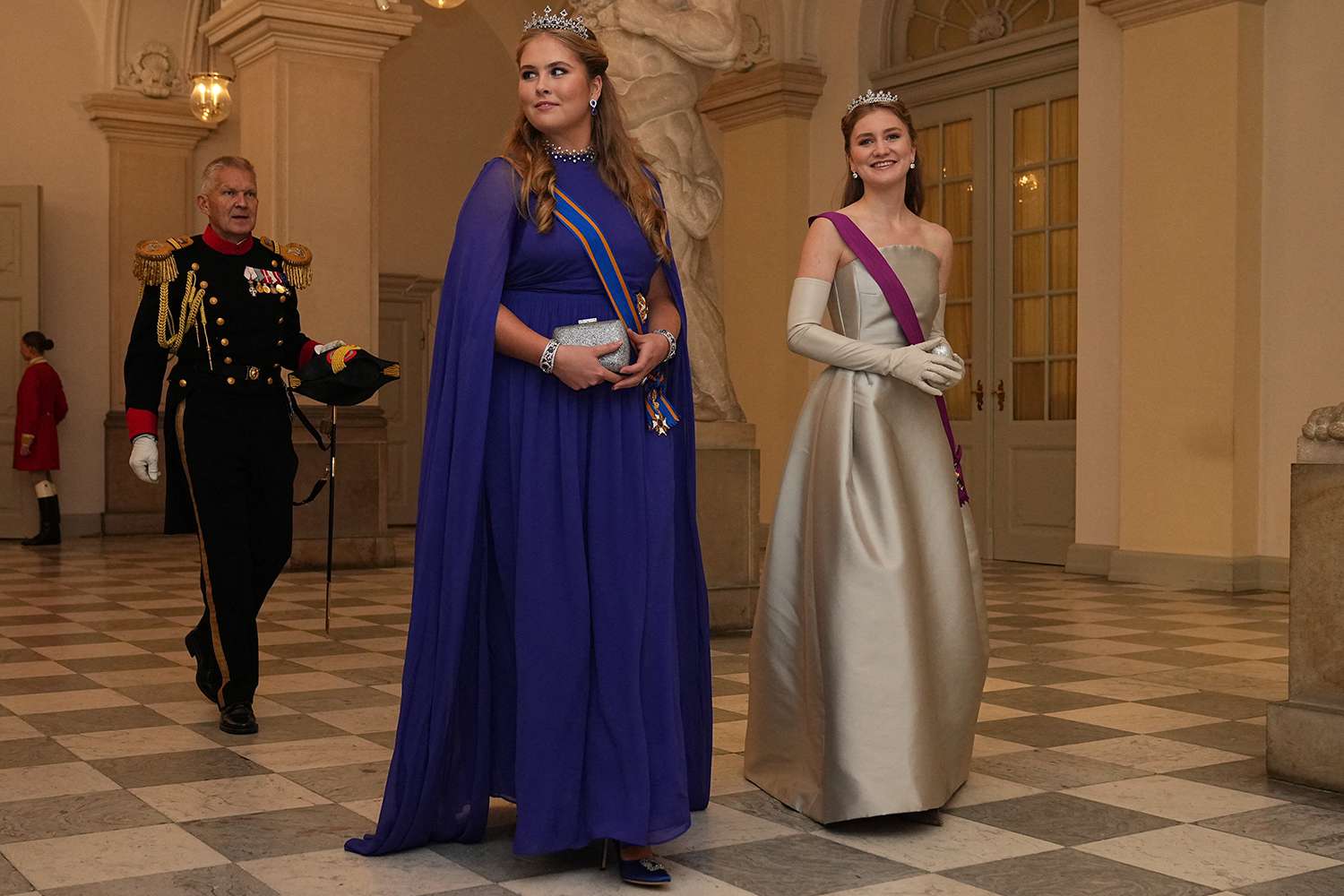 Dutch Crown Princess Amalia (C) and Belgium's Crown Princess Elisabeth (R) are pictured as they arrive at the celebration with a gala dinner for Prince Christian's 18th birthday at the Christiansborg Castle in Copenhagen