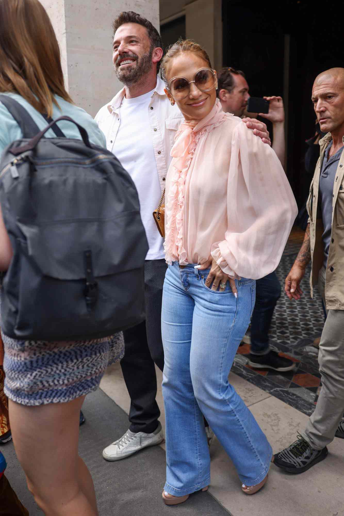 PARIS, FRANCE - JULY 25: Jennifer Lopez and Ben Affleck are seen leaving the Costes Hotel on July 25, 2022 in Paris, France. (Photo by Pierre Suu/GC Images)