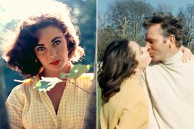 Elizabeth Taylor on the MGM back lot during the making of "Raintree County"; Elizabeth Taylor sharing a kiss with Richard Burton