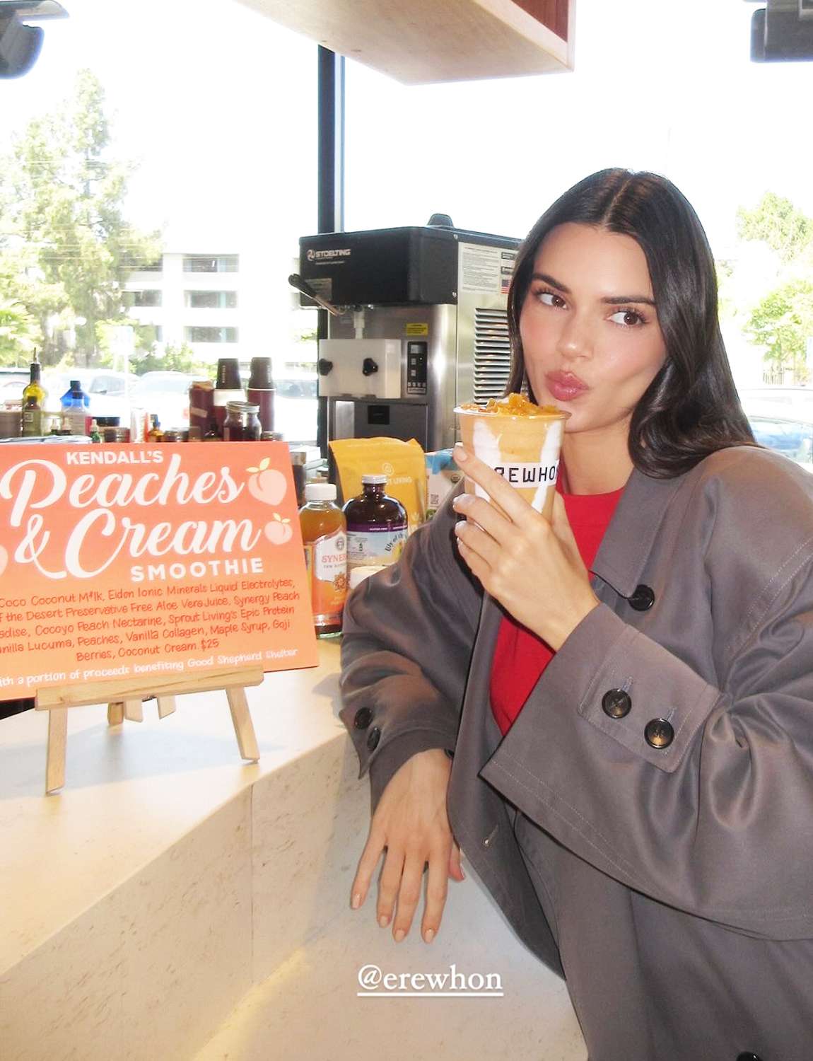 Kendall Jenner sips on her Peaches & Cream Erewhon Smoothie