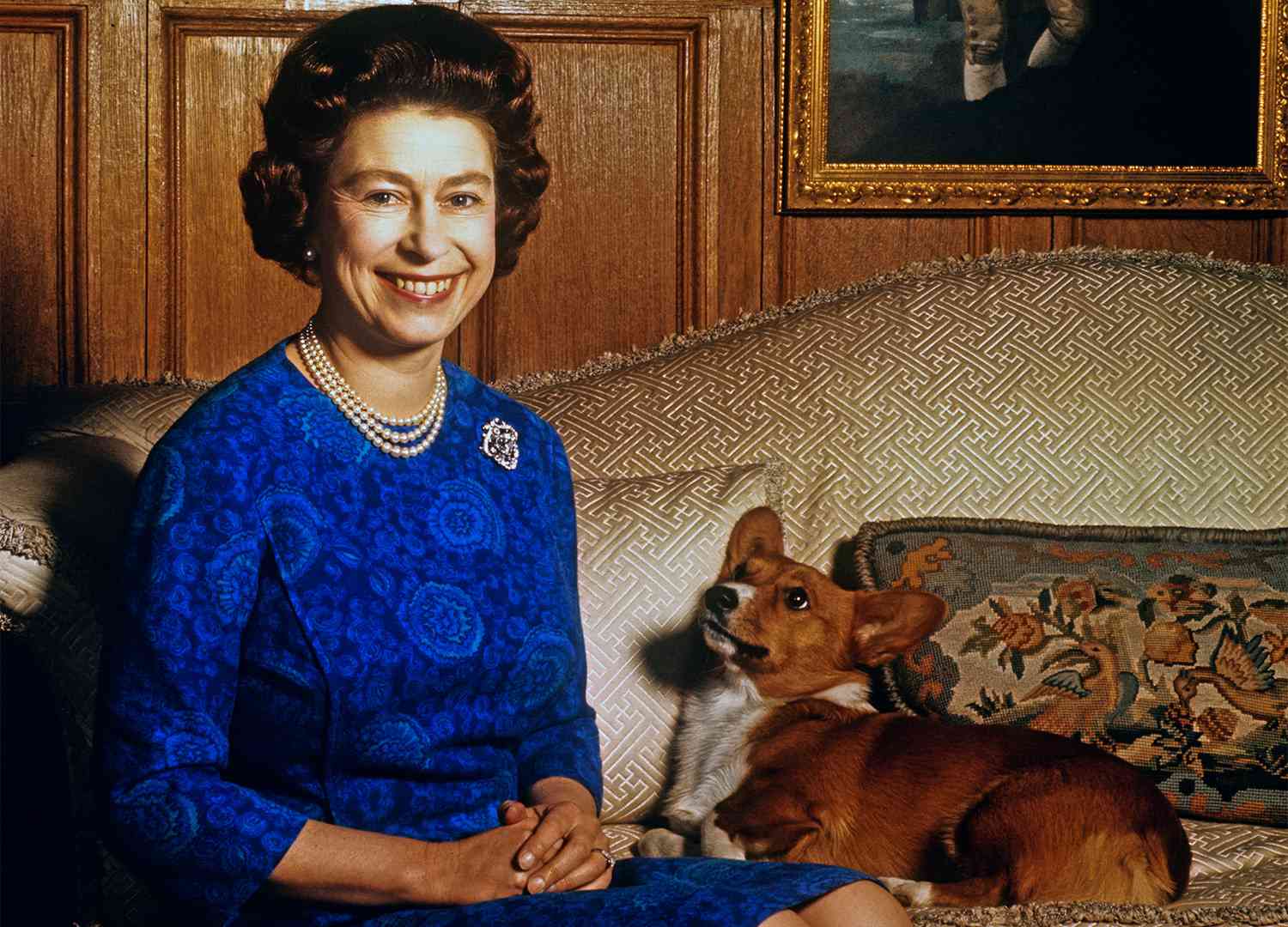 (Original Caption) Sandringham, Norfolk, England, UK: Britain's Queen Elizabeth II smiles radiantly during a picture-taking session in the salon at Sandringham House. Her pet dog looks up at her. These photos were taken in connection with the royal Family's planned tour of Australia and New Zealand.