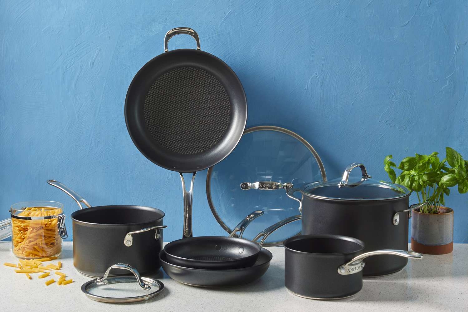 Anolon X Hybrid 10-Piece Nonstick Cookware Set displayed on countertop