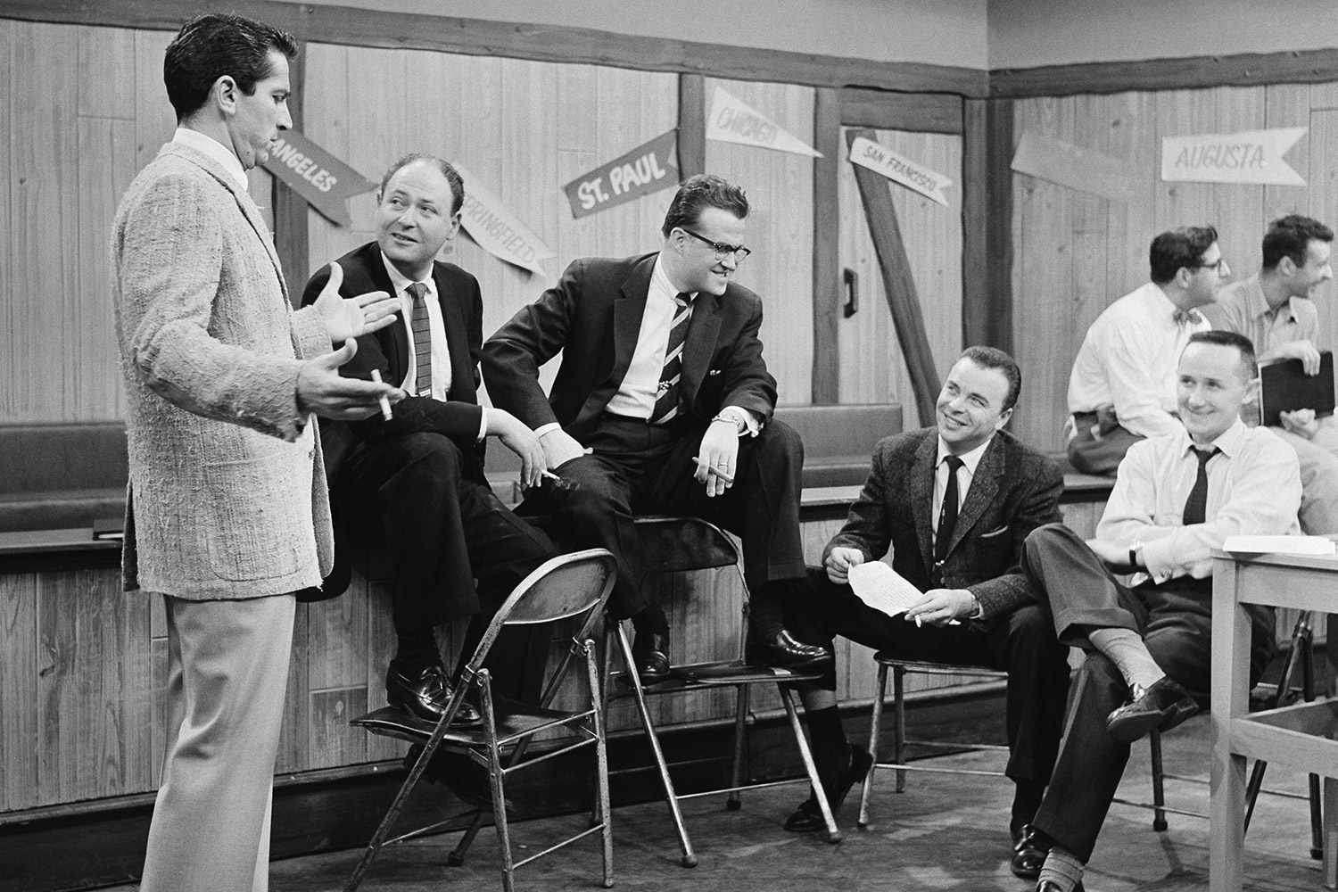 NBC COMEDY HOUR, THE -- 01/19/56 -- Pictured: Writers on the set of The NBC Comedy Hour, (2nd from left) Norman Lear (Photo by NBCU Photo Bank/NBCUniversal via Getty Images via Getty Images)