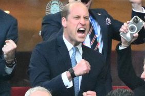 Prince William of Wales at the stands, celebrate victory at the end of the UEFA Euro 2024 quarter-final football match between England and Switzerland at the Duesseldorf Arena in Duesseldorf on July 6, 2024