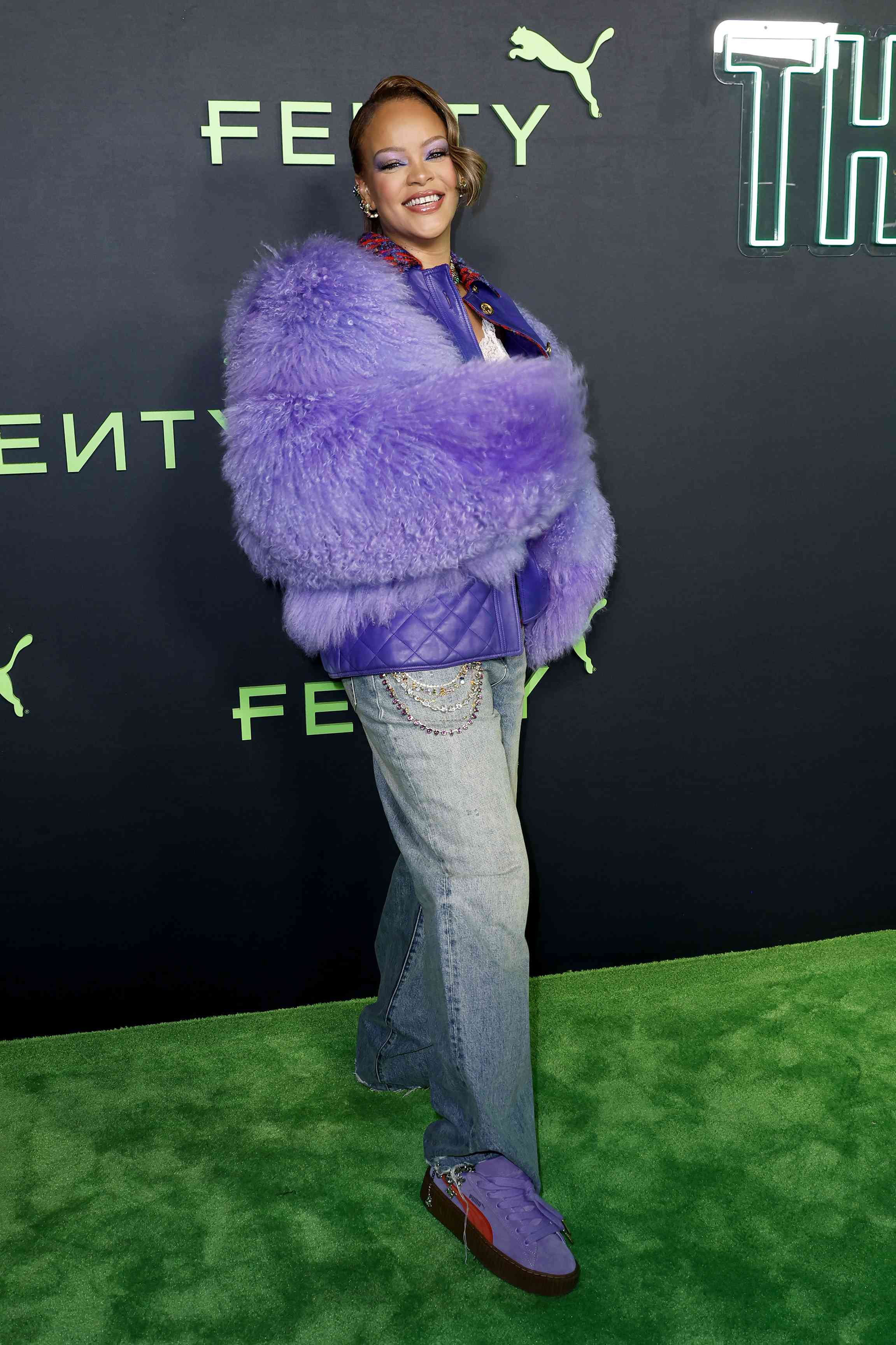 rihanna purple fluffy coat jacket fenty puma los angeles 12 18 23