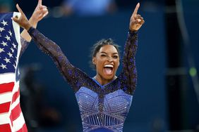 PARIS, FRANCE - AUGUST 01: Gold medalist Simone Biles of Team United States celebrates after competing in the Artistic Gymnastics Women's All-Around Final on day six of the Olympic Games Paris 2024 at Bercy Arena on August 01, 2024 in Paris, France. 