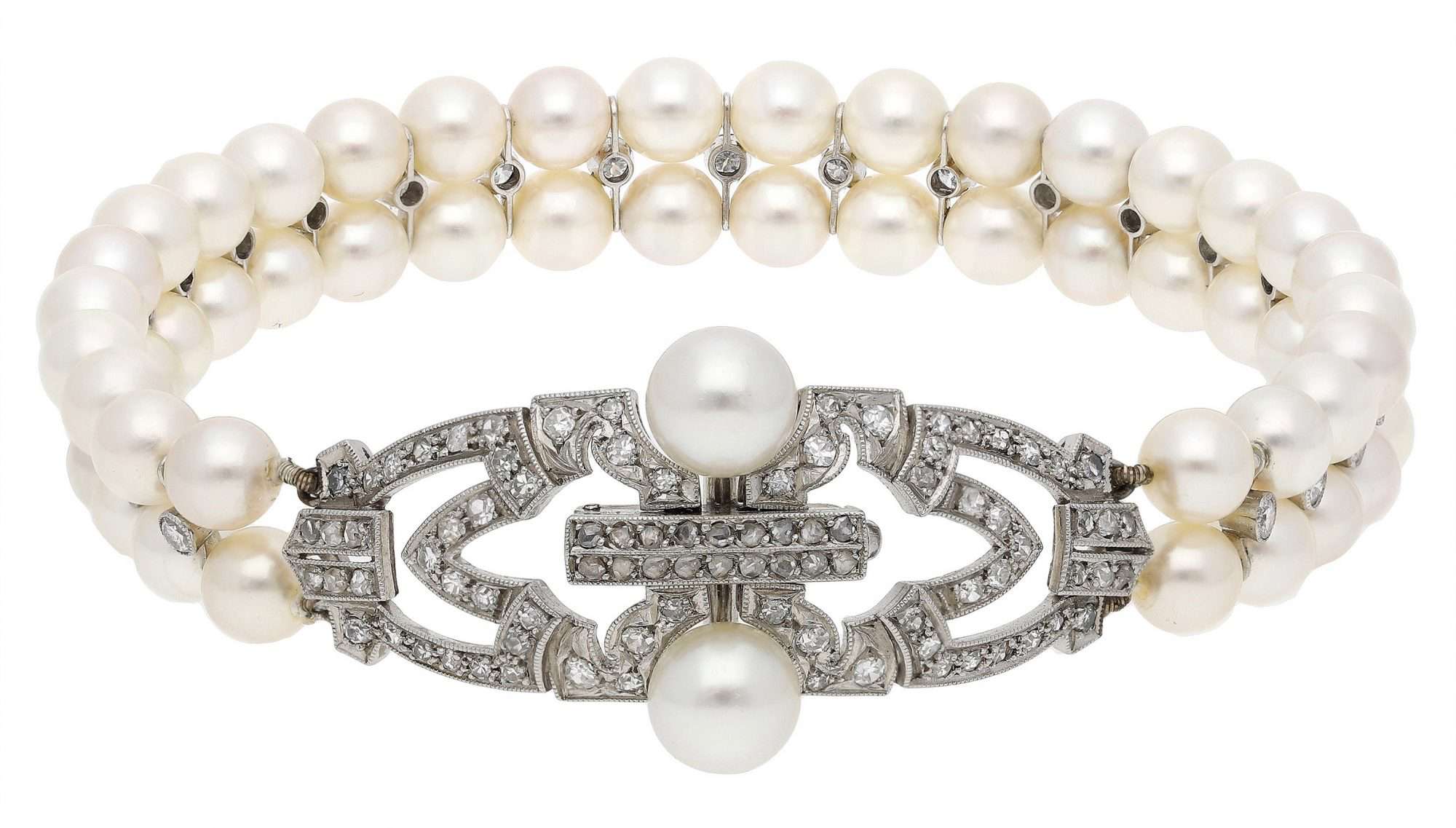 Formerly from the Collection of Her Royal Highness, The Princess Margaret, Countess of Snowdon: An Art Deco cultured pearl and diamond bracelet, circa 1925