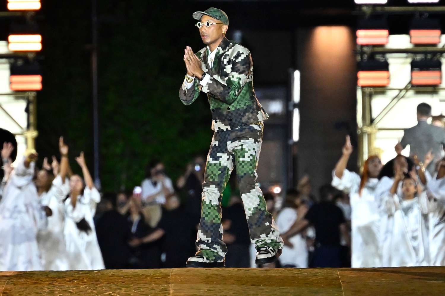 Pharrell Williams acknowledges the applause of the audience after the Louis Vuitton Menswear Spring/Summer 2024 show as part of Paris Fashion Week on June 20, 2023