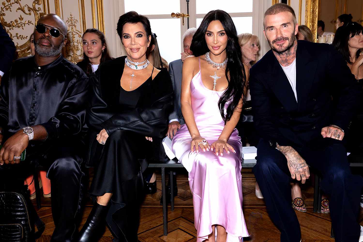 Corey Gamble, Kris Jenner, Kim Kardashian and David Beckham at Victoria Beckham Ready To Wear Spring 2024