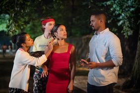 Players. (L-R) Liza Koshy as Ashley, Joel Courtney as Little, Gina Rodriguez as Mack and Damon Wayans Jr. as Adam in Players.