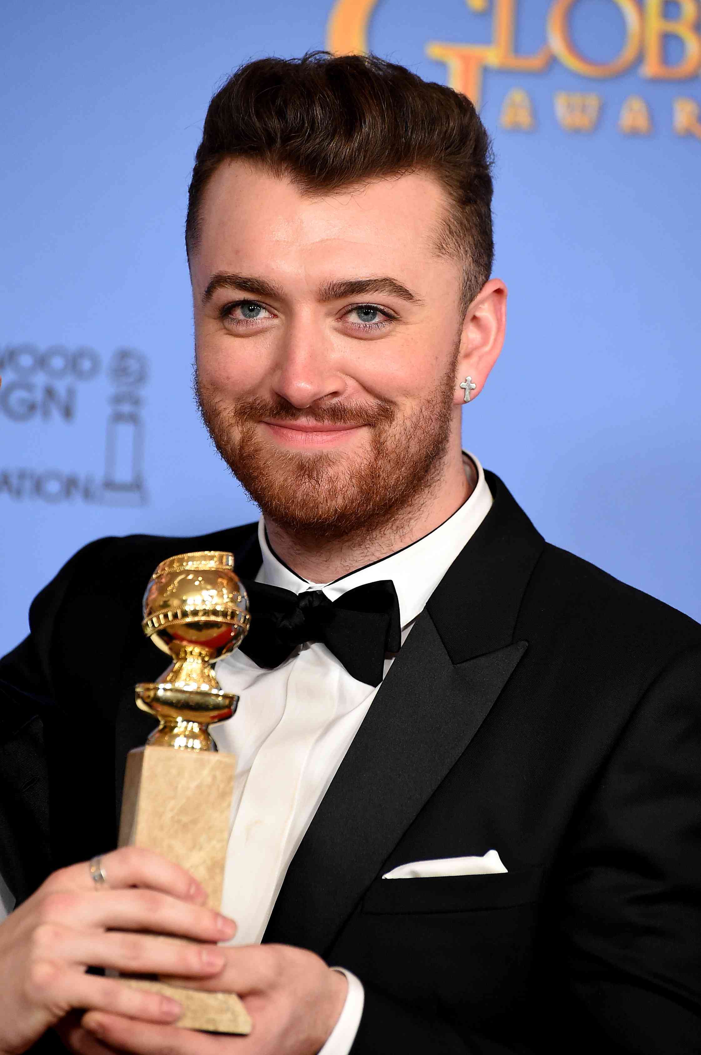 Sam Smith, winner of the award for Best Original Song - Motion Picture for 'Writing's on the Wall' from 'Spectre,' during the 73rd Annual Golden Globe Awards held at the Beverly Hilton Hotel on January 10, 2016 in Beverly Hills, California.