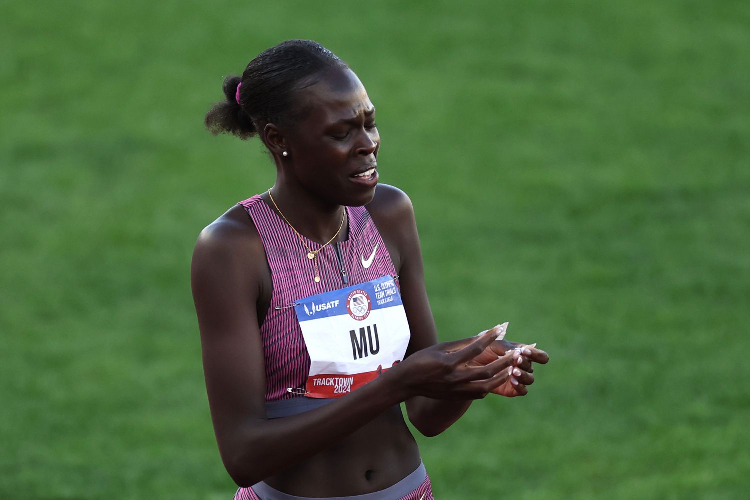 Athing Mu reacts in the women's 800 meter final on Day Four of the 2024 U.S. Olympic Team Track & Field Trials at Hayward Field on June 24, 2024 in Eugene, Oregon