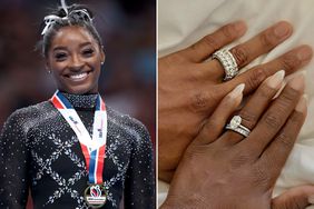 Simone Biles after placing first in the floor exercise competition on day four of the 2023 U.S. Gymnastics Championships on August 27, 2023 in San Jose, California. ; Simone Biles and Jonathan Owens' wedding rings. 