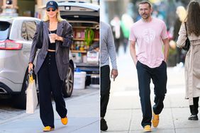 Gigi Hadid and Bradley Cooper wearing sneakers from her Guest in Residence X Adidas line