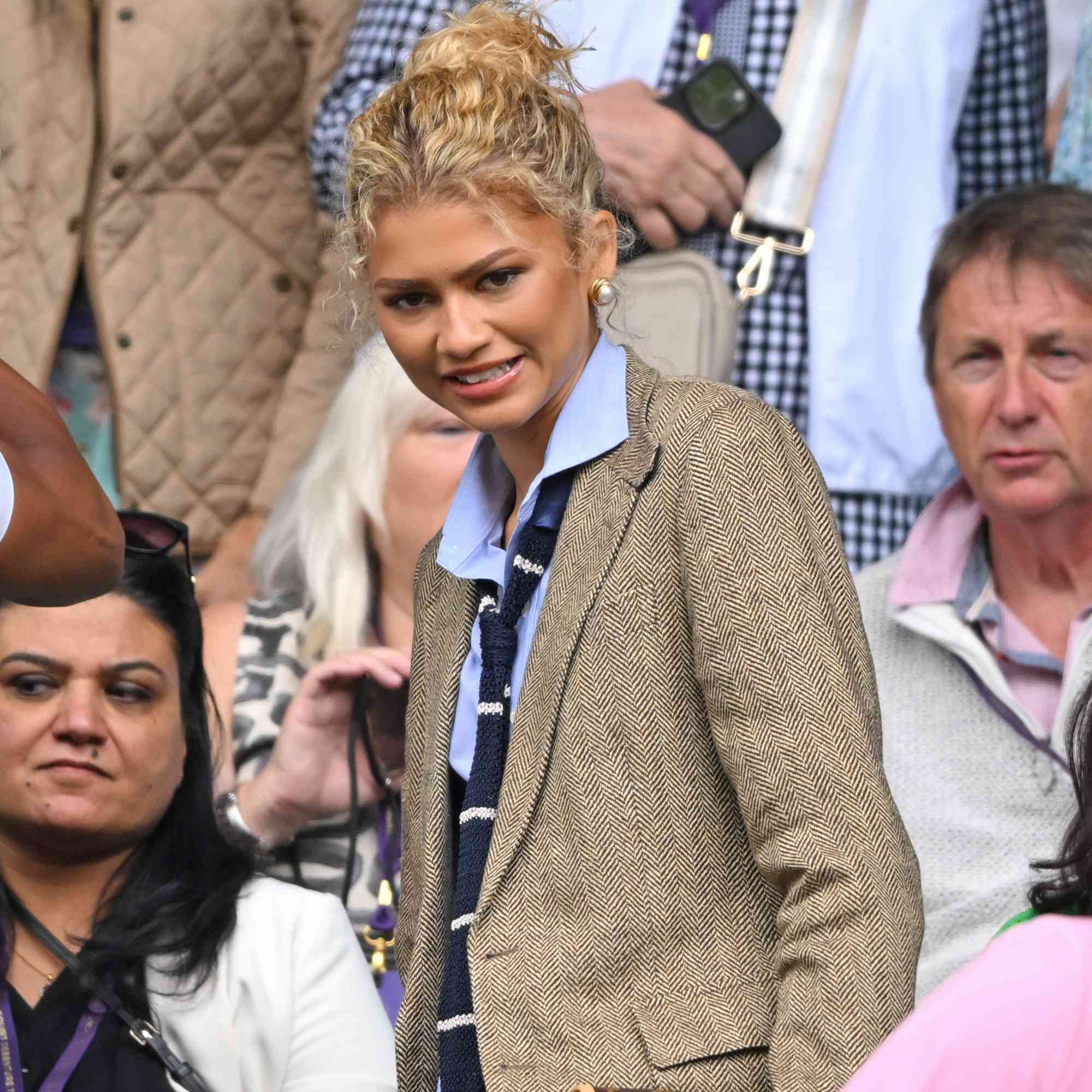 Zendaya, wearing Ralph Lauren, attends day thirteen of the Wimbledon Tennis Championships at the All England Lawn Tennis and Croquet Club on July 13, 2024 in London, England.