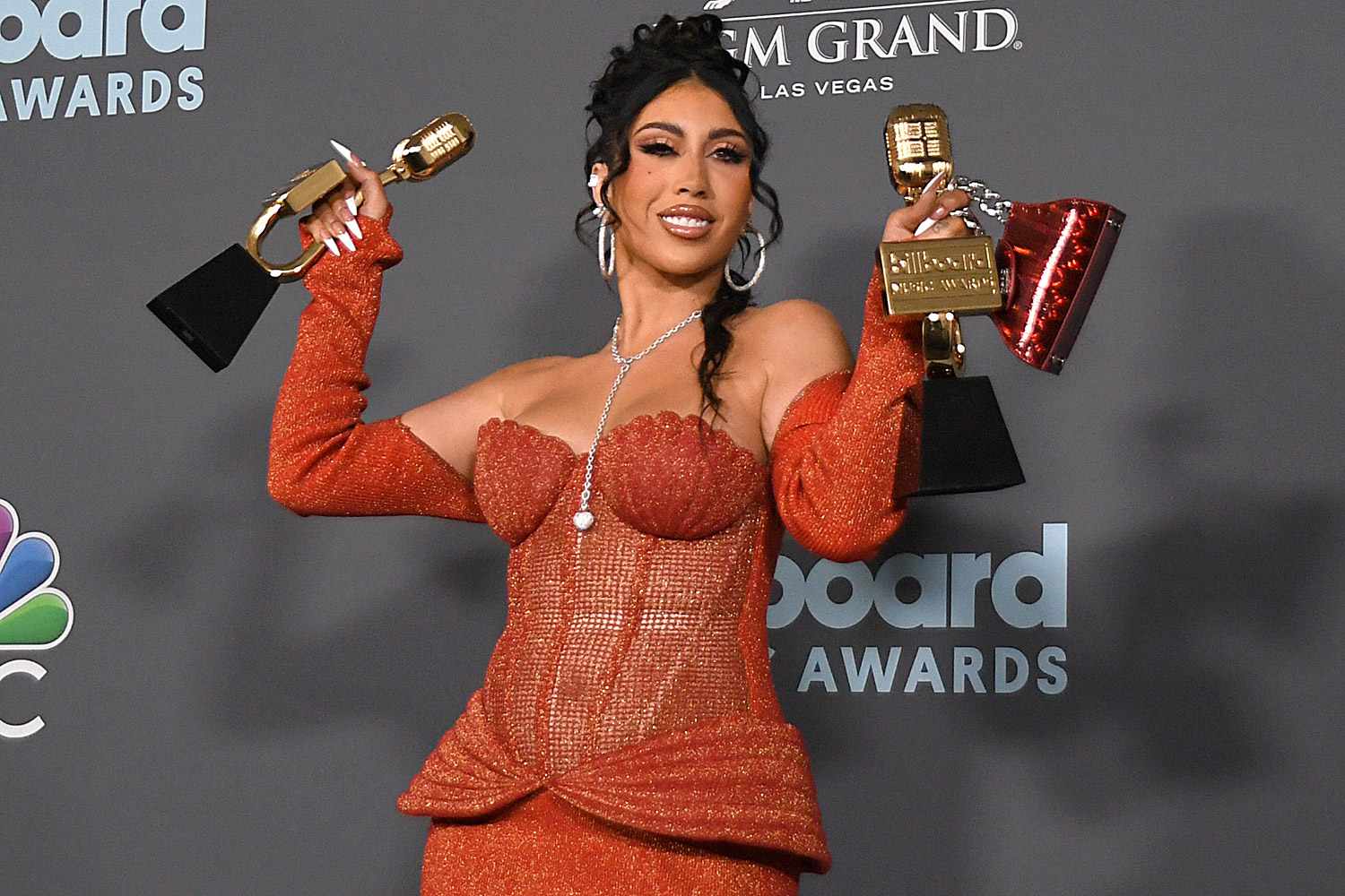 LAS VEGAS, NEVADA - MAY 15: Kali Uchis poses backstage with awards for Top Latin Female Artist and Top Latin Song during athe 2022 Billboard Music Awards at MGM Grand Garden Arena on May 15, 2022 in Las Vegas, Nevada. (Photo by Mindy Small/Getty Images)