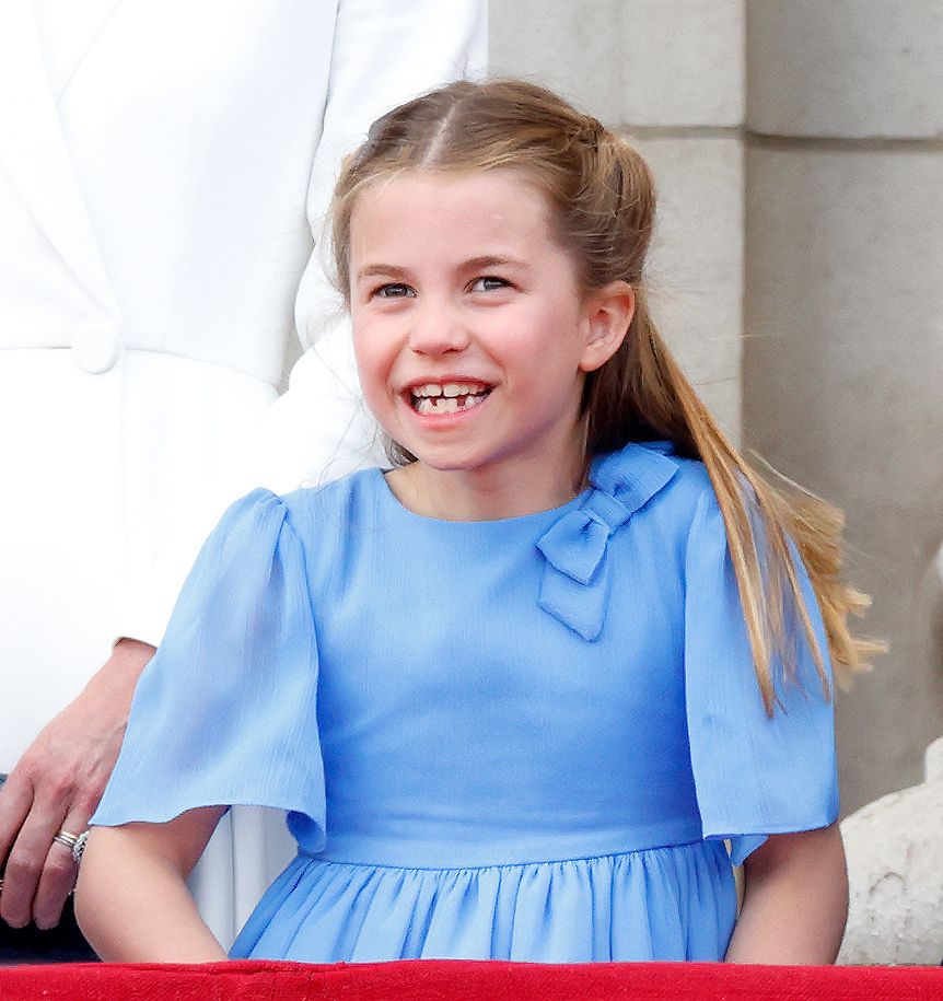 Princess Charlotte of Cambridge watches a flypast from the balcony of Buckingham Palace during Trooping the Colour on June 2, 2022 in London, England. Trooping The Colour, also known as The Queen's Birthday Parade, is a military ceremony performed by regiments of the British Army that has taken place since the mid-17th century. It marks the official birthday of the British Sovereign. This year, from June 2 to June 5, 2022, there is the added celebration of the Platinum Jubilee of Elizabeth II in the UK and Commonwealth to mark the 70th anniversary of her accession to the throne on 6 February 1952.