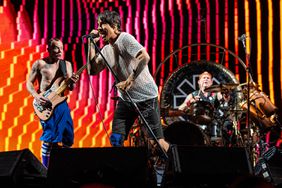 Flea, Anthony Kiedis, and Chad Smith of Red Hot Chili Peppers performs during Lollapalooza at Grant Park on August 06, 2023 in Chicago, Illinois.