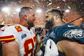 Kansas City Chiefs tight end Travis Kelce (87) celebrates with brother Philadelphia Eagles center Jason Kelce (R) after winning Super Bowl LVII 38-35 at State Farm Stadium in Glendale, Arizona, on Sunday, February 12, 2023. Super Bowl Lvii, Glendale, Arizona, United States - 11 Feb 2023