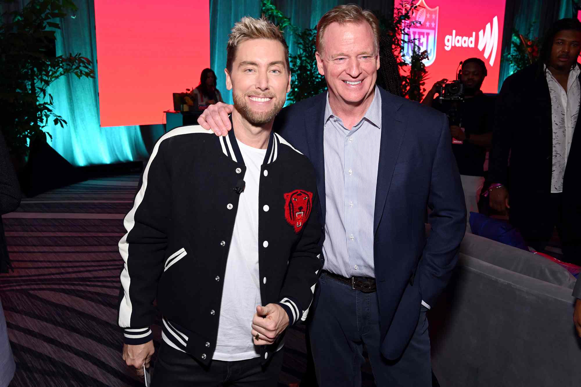 Lance Bass and NFL Commissioner Roger Goodell speaks onstage at a Night of Pride with GLAAD and NFL on February 08, 2023 in Phoenix, Arizona.