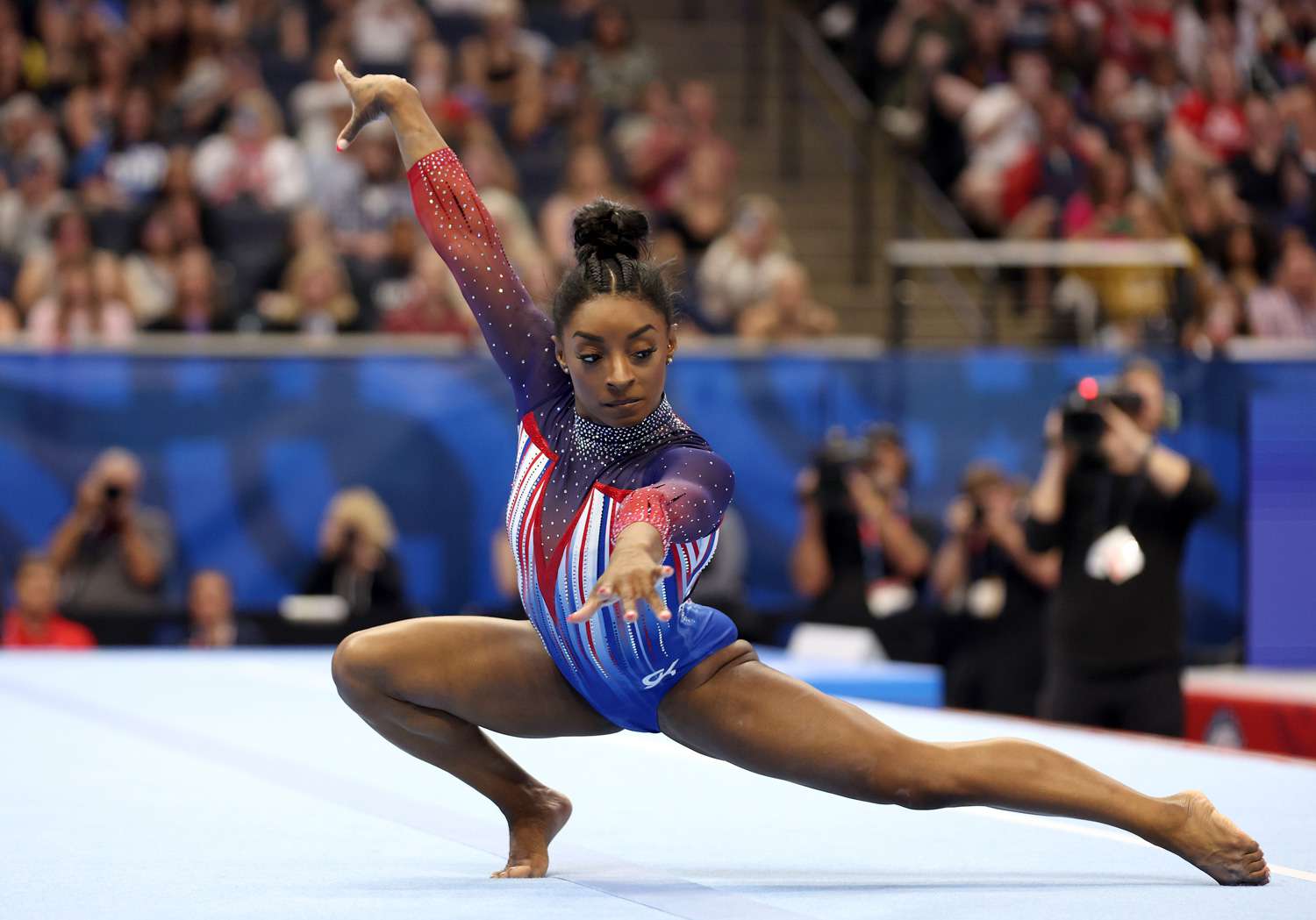 Simone Biles competes in the floor exercise on Day Four of the 2024 U.S. Olympic Team Gymnastics Trials at Target Center on June 30, 2024 