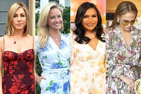 Jennifer Aniston, Reese Witherspoon, Mindy Kaling and Jennifer Lopez wearing floral dresses