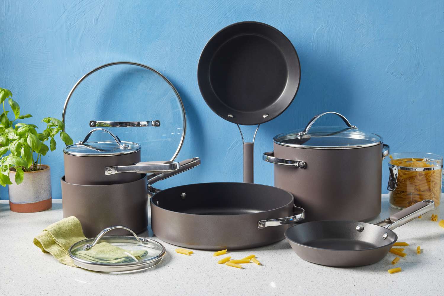 Ayesha Curry Hard-Anodized Nonstick 10-Piece Cookware Set displayed on countertop