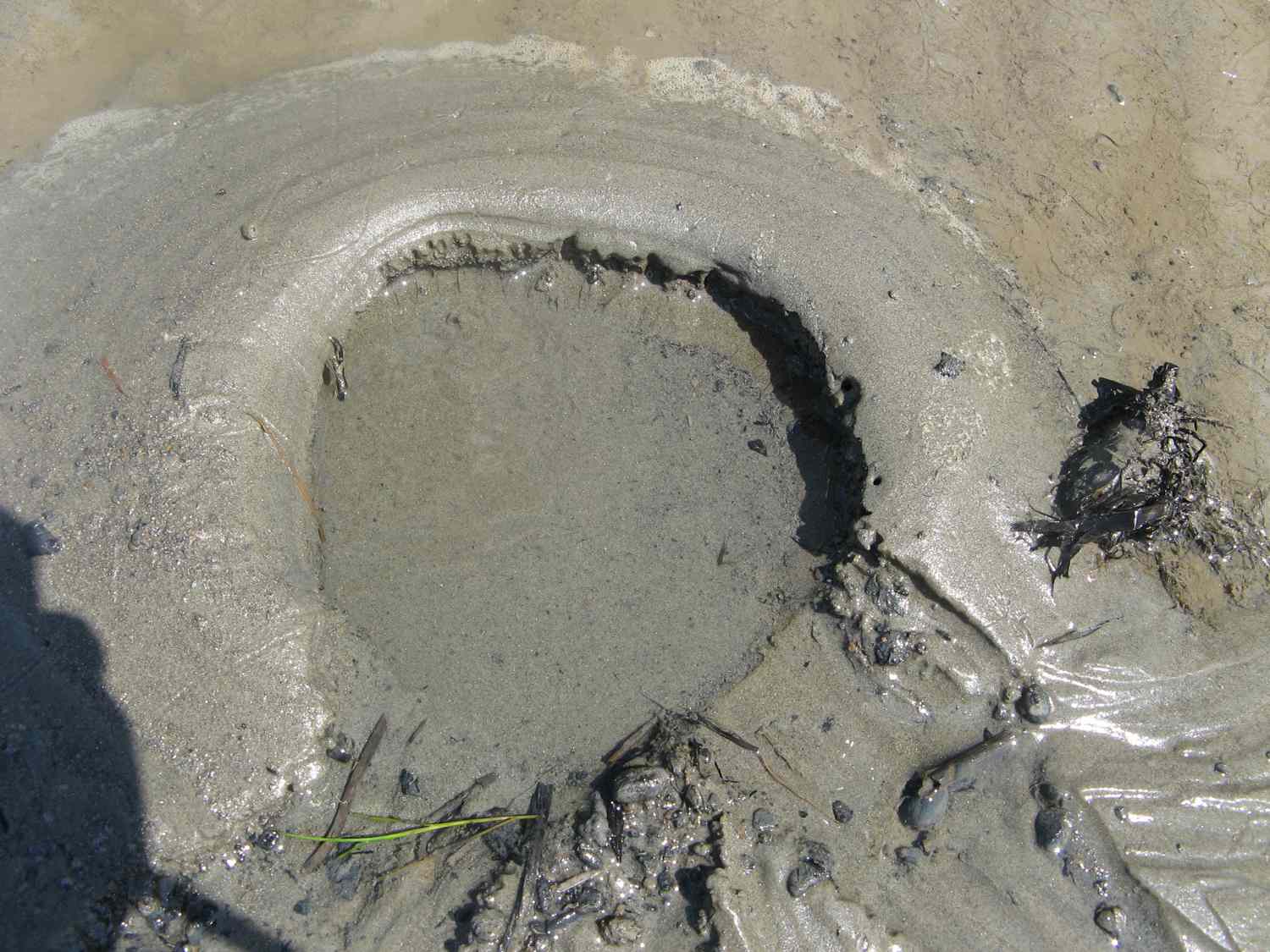 a sinkhole with quicksand closeup at the beach at the french coast in summer