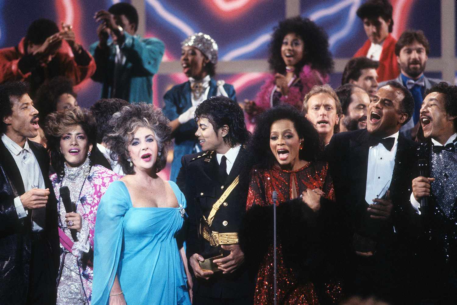 FOREGROUND (L-R): LIONEL RICHIE;SHEILA E.;ELIZABETH TAYLOR;DIANA ROSS;MICHAEL JACKSON;HARRY BELAFONTE;SMOKEY ROBINSON