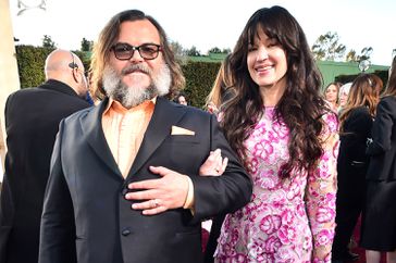 Jack Black and Tanya Haden at the 81st Golden Globe Awards held at the Beverly Hilton Hotel on January 7, 2024 in Beverly Hills, California.