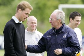 HRH Prince William talks with the England Coach Sven Goran Eriksson during training ahead of the International Friendly against Jamaica on June 1, 2006 in Carrington, Manchester