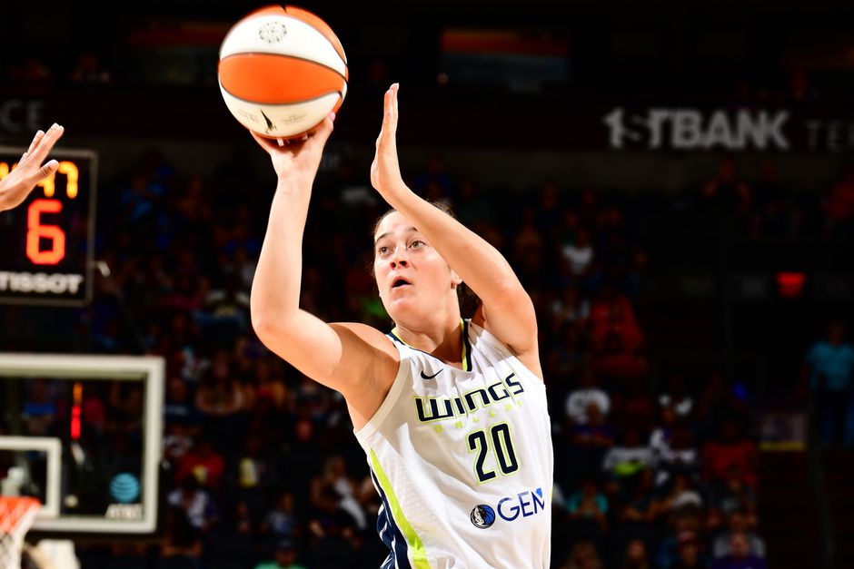 Maddy Siegrist #20 of the Dallas Wings shoots the ball during the game against the Phoenix Mercury on August 27, 2023
