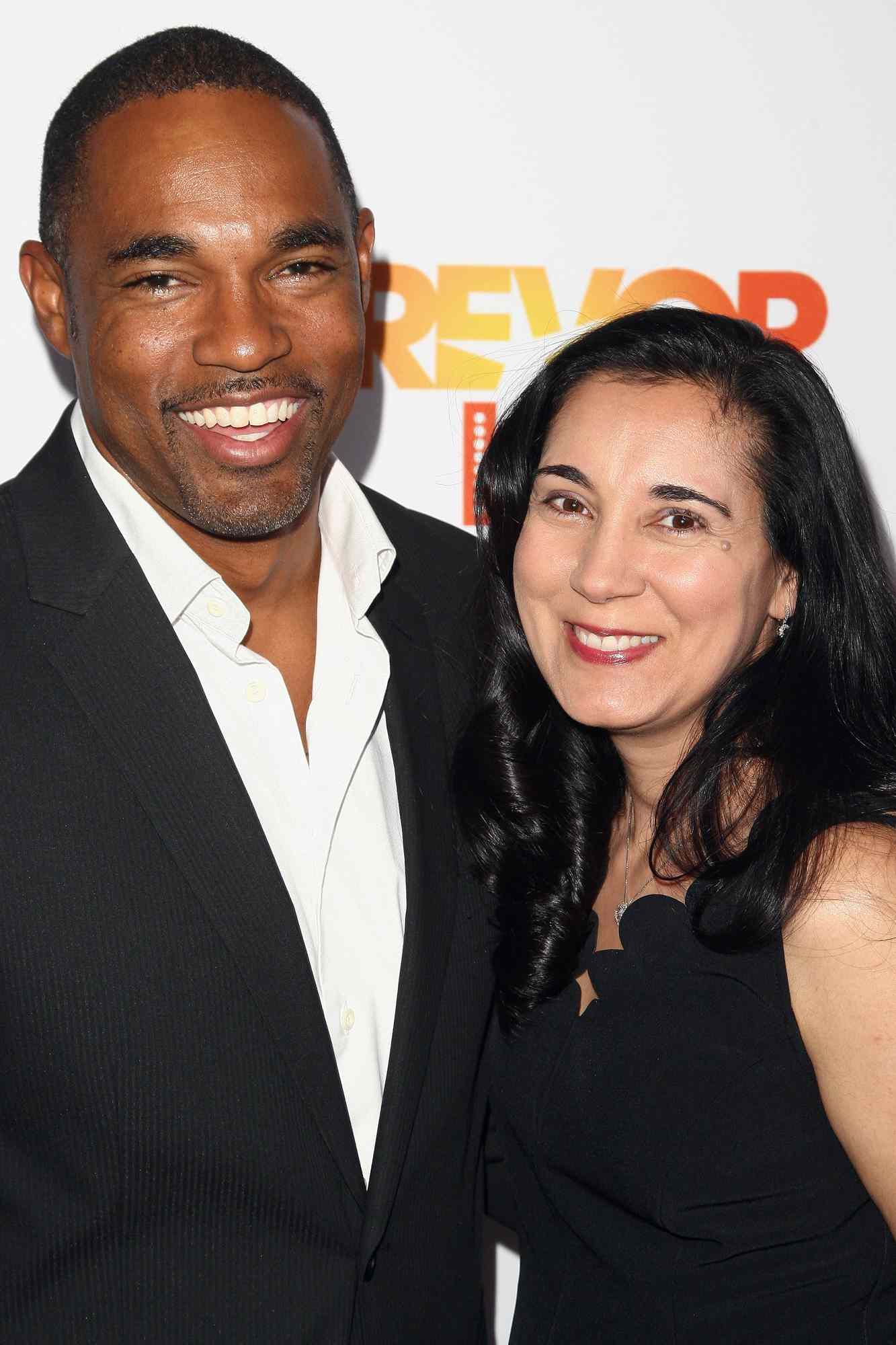 Actor Jason George (L) and Vandana Khanna attend The Trevor Project's 2016 TrevorLIVE LA at The Beverly Hilton Hotel on December 4, 2016 in Beverly Hills, California.